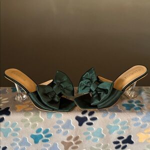 Emerald Satin Bow Mule with Clear Heel